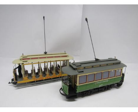 A Bachmann Liliput G scale garden railway tram car no.67 in green Nurnburg-Further Strakenbahn livery and a Bachmann G scale 