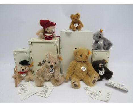 Seven Steiff small and miniature articulated teddy bears to include boxed 027741 blonde mohair Classic Teddy Bear, 002922 blo