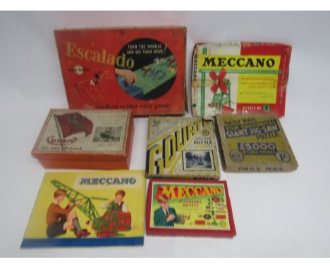 A Chad Valley Escalado horse racing game, three wooden jigsaw puzzles to include Cunard, Daily Mail and Goliath, and two Mecc