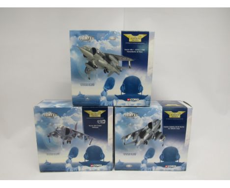 Three boxed Corgi Aviation Archive 1:72 scale diecast Jet Fighter Power military aircraft to include AA32401 Harrier GR.3 XZ9