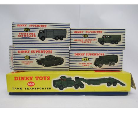Five boxed Dinky Supertoys diecast military vehicles to include 622 10-Ton Army Truck, 642 Pressure Refueller, 651 Centurion 