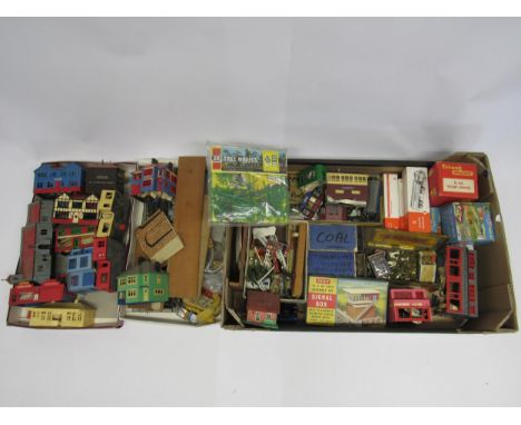 A collection of 00 scale model railway trackside buildings, boxed Triang R60 Ticket Office, wagon loads, Britains Tree Models