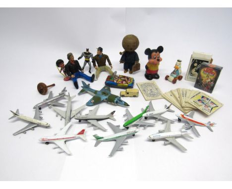 A mixed group of toys and collectables including vintage Leipzig trade fair mascot with England 1966 World Cup briefcase, Can