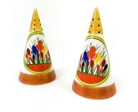A pair of Moorland pottery, Staffordshire, crocus pattern, ceramic sifters with hand-painted yellow tips and orange bases wit