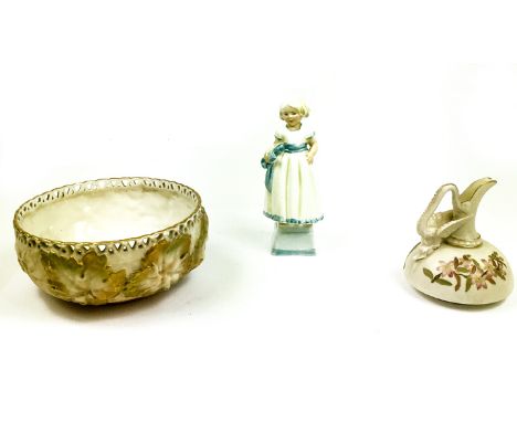 A late 19th century Royal Worcester dragon handle ivory ewer numbered 1048, blush ivory bowl with pierced rim numbered 1004, 