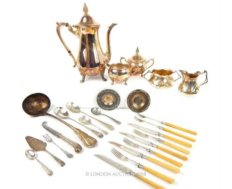A collection of silver plated items including an Elkington & Co ladle, a Viners three piece coffee set, an Art Nouveau inspir