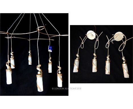 A contemporary Christopher Wray hanging light together with matching twin branch wall sconces.