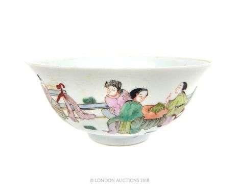 A Chinese, famille rose, porcelain, footed bowl, the outside of the bowl decorated with hand-painted figures on a terrace pla