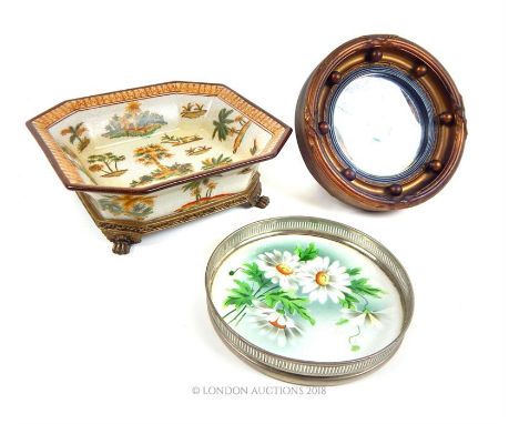 A ceramic, octagonal dish with gilt metal, lion's claw feet and base (19 x 21 x 7.5 cm) with a vintage, white metal and porce