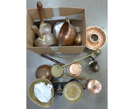 A set of Libra kitchen scales and weights, a jelly mould, measures, pans, etc.