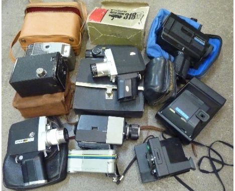 Four cine cameras, Polaroid cameras, box brownie camera, etc.