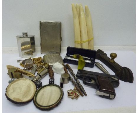 Assorted items including hip flask, whistles, pen, Hohner mouth organ, penknife, nutcrackers photograph frame, etc.