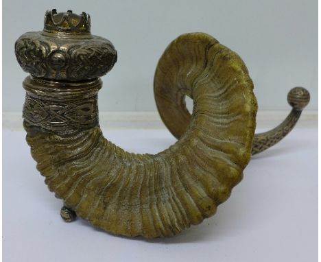 A ram's horn with a mounted white metal snuff box and stone, bears inscription dated 1901, hinge a/f