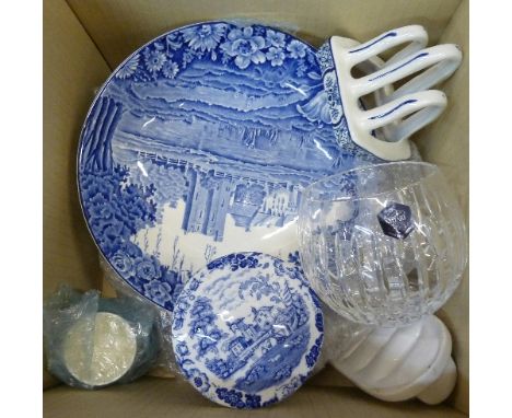 A Stuart crystal bowl, blue and white china including a Pratts Italian lidded pot, an Enoch Woods Castles dish, two plates, t