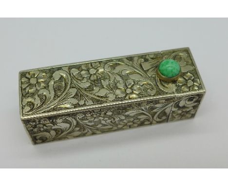 A silver and jade lipstick holder with flip-up mirror, marked 800