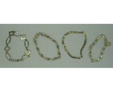 Four silver bracelets including one set with amethyst, total weight 30g