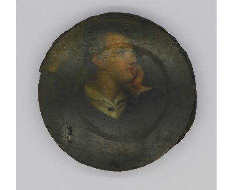 A circular papier mache box, the lid decorated with a portrait of Lord Byron, a/f