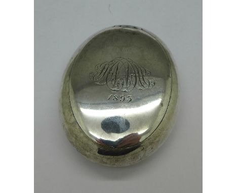 A Victorian squeeze snuff/tobacco box, with monogram dated 1893