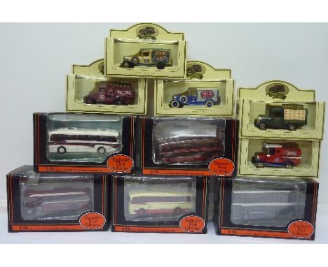 Five Exclusive First Editions die-cast model buses and five Lledo Days Gone model vehicles