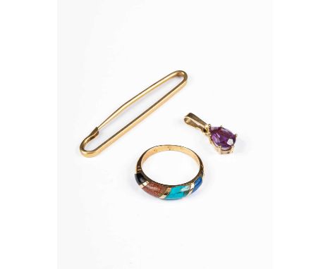 A yellow gold and semi precious dress ring, set with lapis lazuli, turquoise, and gold stone, ring size K, unmarked, assessed