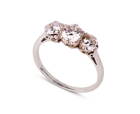 A diamond three-stone ring, the central stone approximately 0.5ct, flanked by two smaller stones, estimated total diamond wei