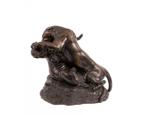 After Georges Gardet (1863-1939), a 19th Century French sculpture in the form of two fighting panthers, patinated bronze, bea