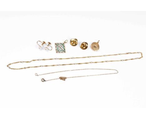 A yellow gold and seed pearl necklace, the fine chain interspersed with pearls, approximately 53cm long, the clasp stamped '1