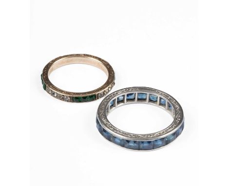 A platinum and sapphire eternity ring, channel set square cut sapphires, engraved detail to band, ring size N1/2, total gross