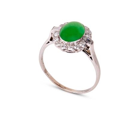 An Art Deco chrysoprase and diamond dress ring, the oval cabochon stone approximately 11.5mm x 8.2mm x 3.2mm, within a border