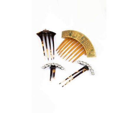 A pair of early 19th Century tortoiseshell and paste set hair ornaments, each set with seven cushion cut paste stones in clos