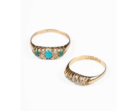 An 18ct gold, diamond and turquoise-coloured stone ring, size R½, total gross weight approximately 2.8g and an 18ct gold diam