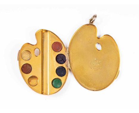 A novelty 9ct gold artist's palette/paint box pendant, Albert Barker Ltd, 5 New Bond St, London, Rd No 445832, opening to rev