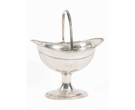 A George III Irish silver swing-handled basket, maker's mark partially struck, Dublin 1793, of navette shape on an oval foot,