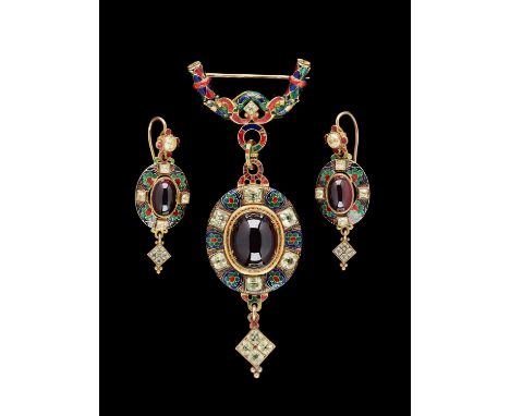 A Victorian Holbeinesque gold and enamel oval pendant brooch, the central oval cabochon garnet set within a polychrome enamel