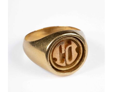 An 18ct gold gentleman's ring, initalled, marked 750, ring size S, approximately 14.6gGood condition, wear commensurate with 