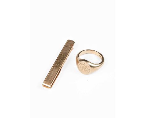 A 9ct yellow gold signet ring, monogrammed, ring size N, total gross weight approximately 8.6g, together with a 9ct yellow go