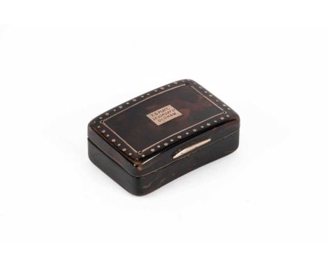  A 19th Century tortoiseshell and gold pique snuff box, the hinged cover with small plaque engraved TG Platt, 26 Kersley St, 