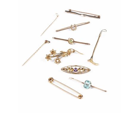 A collection of 9ct gold bar brooches and stick pins, including a hunting crop, approximately 6cm long, gemset examples inclu
