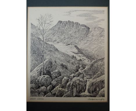 A pen and ink sketch, Alfred Wainwright, Great Carrs, signed, 20 x 16cm