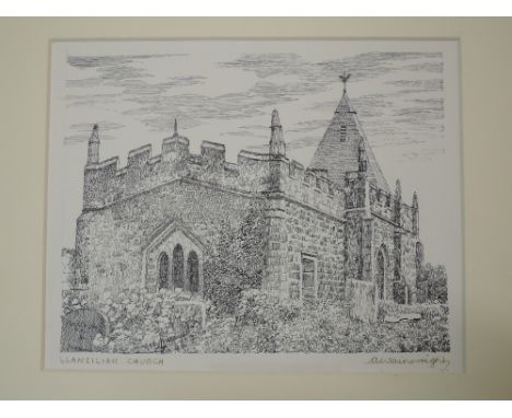 A pen and ink sketch, Alfred Wainwright, Llaneilian Church, signed, 17 x 21cm. Given to the vendor by Betty Wainwright