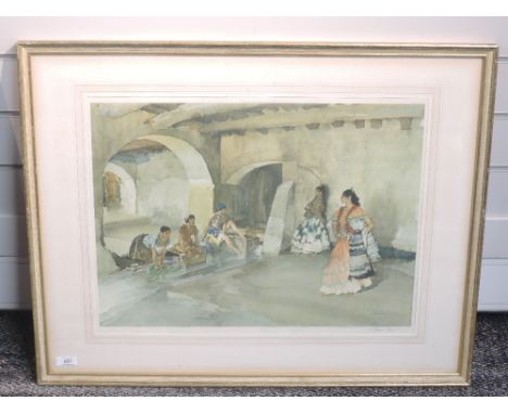 A print after William Russell Flint, Spanish ladies in cloister, signed, 42 x 54cm, framed and glazed