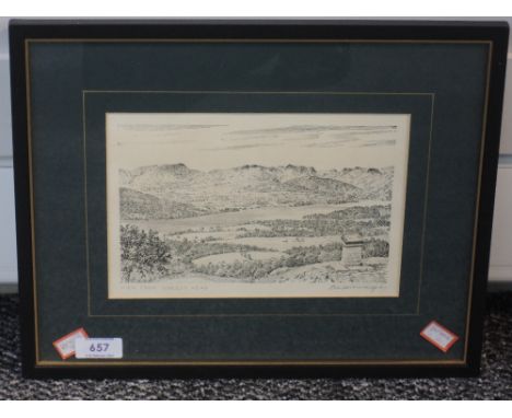 A print after Alfred Wainwright, View from Orrest Head, signed, 14 x 21cm, framed and glazed
Slight discoulour to print. no a