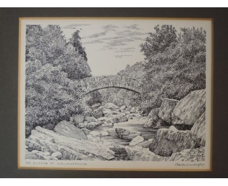 A pen and ink sketch, Alfred Wainwright, The Duddon at Wallbarrow, signed, 17 x 21cm