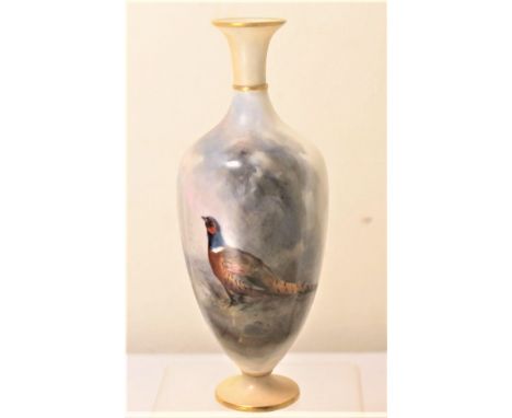Small Royal Worcester lobed baluster vase decorated by James Stinton with a pheasant.  Signed, no. 790, green mark dated 1906