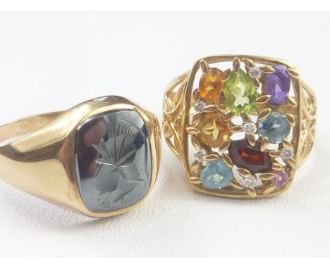 Multi gem ring of bowed rectangular shape '9k', size 'R' also a 9ct gold and haematite signet ring, size 'Y'
