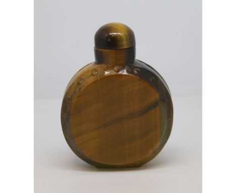 20th century Chinese tiger's eye snuff bottle of moon flask form with matching stopper, 6cm high.