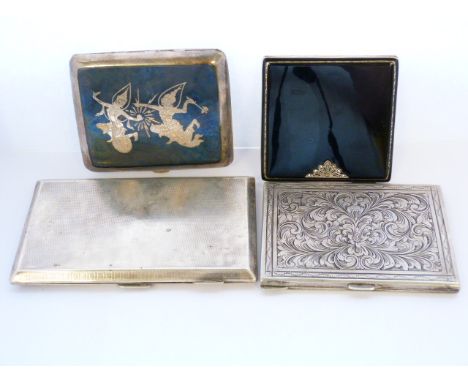 Silver cigarette case, engine turned, two others and a compact.