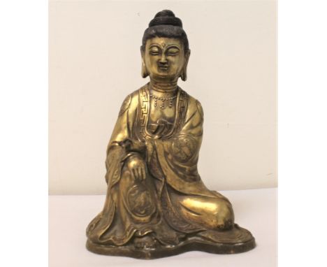 Late 19th century/early 20th century Chinese bronze figure of Buddha, seated with one knee raised. Six character impressed ma