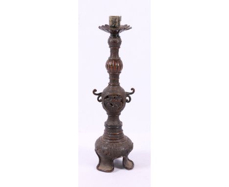19th century Chinese bronze candle stand, converted for electricity with pierced central section, archaic relief decoration, 