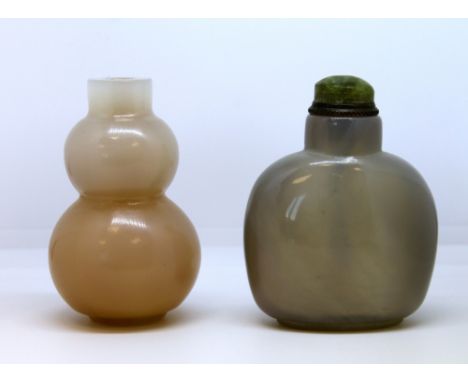 19th century Chinese snuff bottle of double gourd form in opaque pale pink/brown glass or hardstone, lacking stopper, 6.5cm h